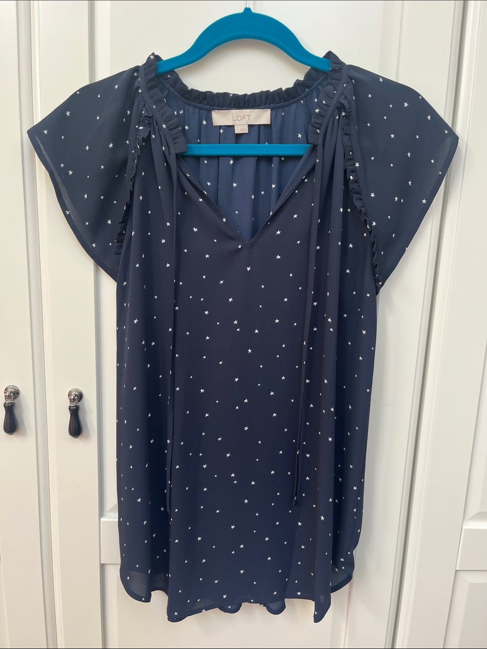 LOFT Navy Star-Print Ruffle Tie-Neck Blouse